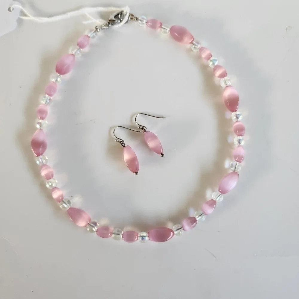 Hand Crafted Necklace and Pierced Pink Cat's Eye Iridescent Beads 15.5
